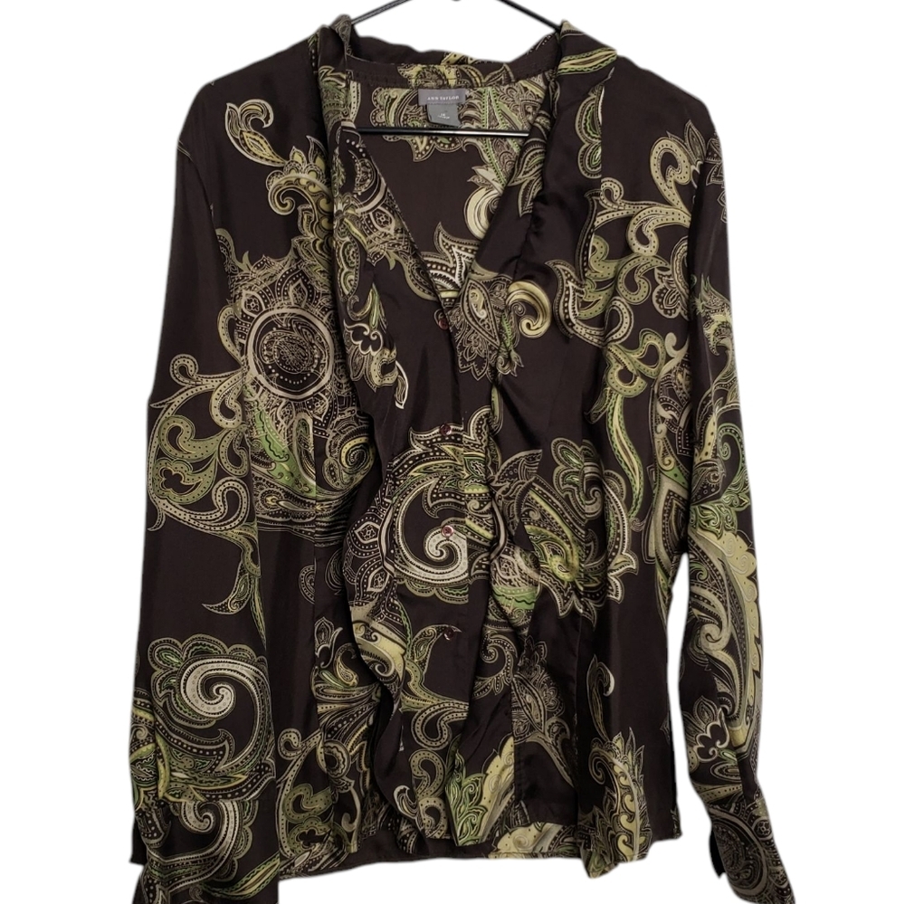 Ann Taylor Women's Paisley Silk  Blouse Brown Green Button Front Ruffle Size 16